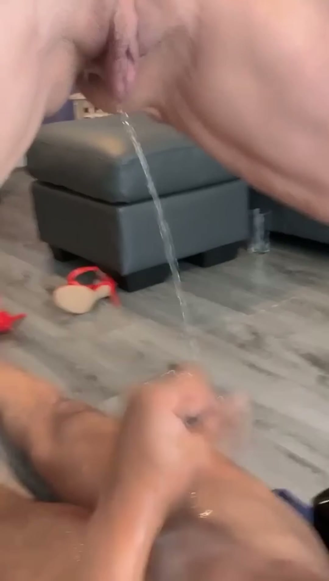 Letting my warm piss run down his cock as he strokes himself off. I can't get enough of this naughty mess...