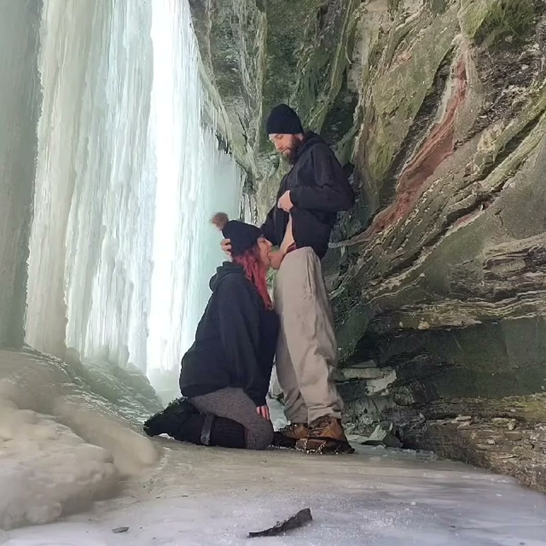 Hid behind a frozen waterfall hoping no one would come before his cum [0:15]