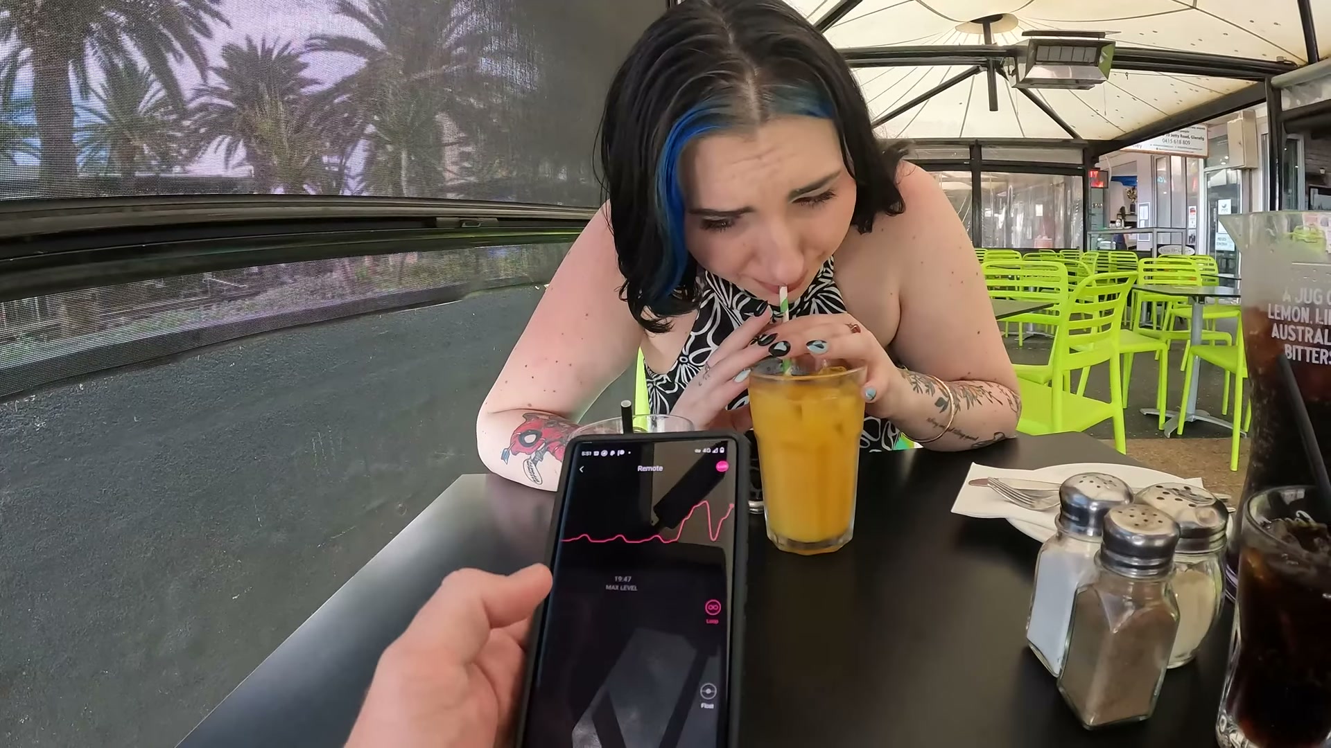 He hit it at just the wrong time, while our food was being brought over