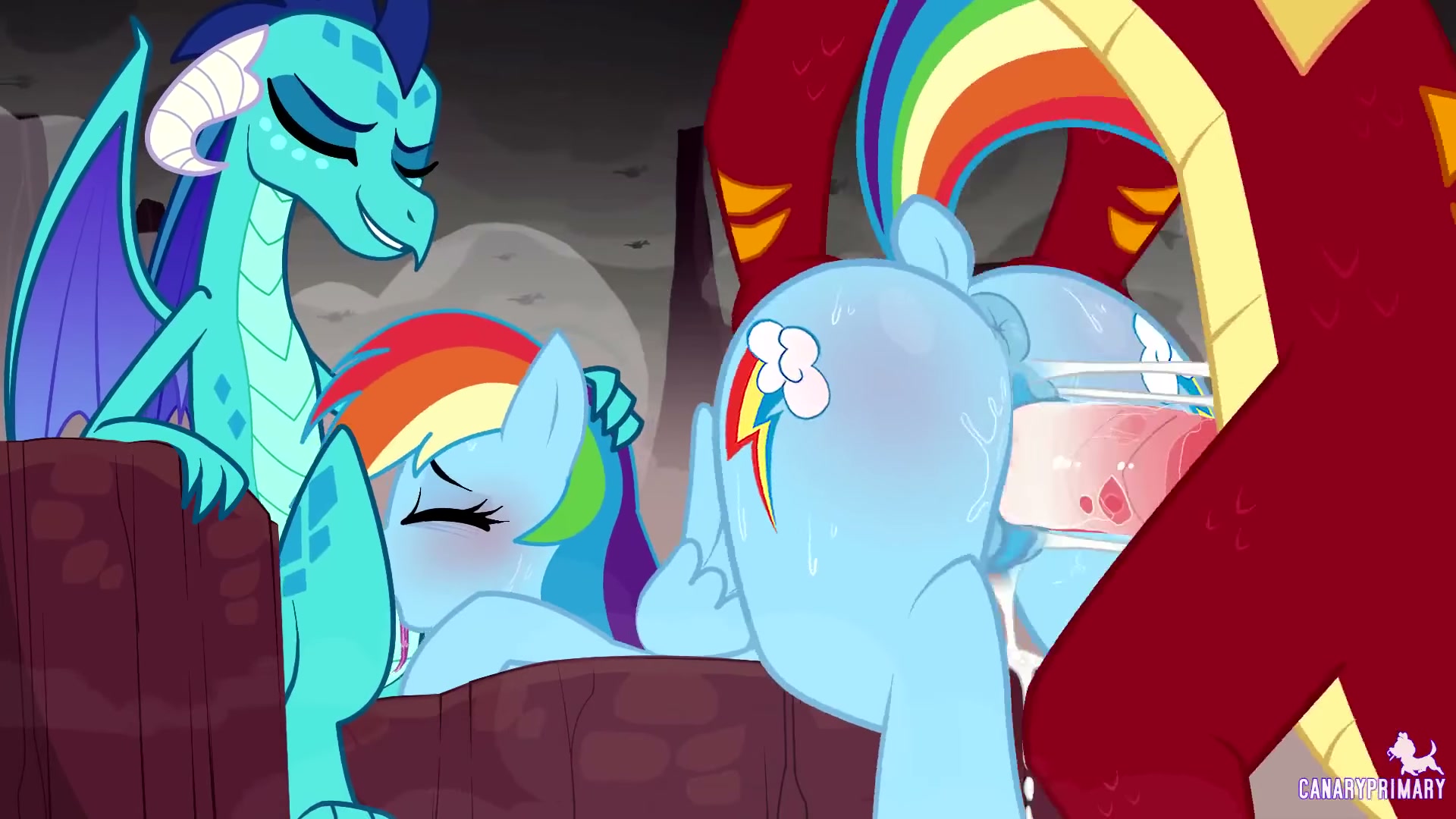 Rainbow Dash pleasuring dragon couple (canaryprimary)