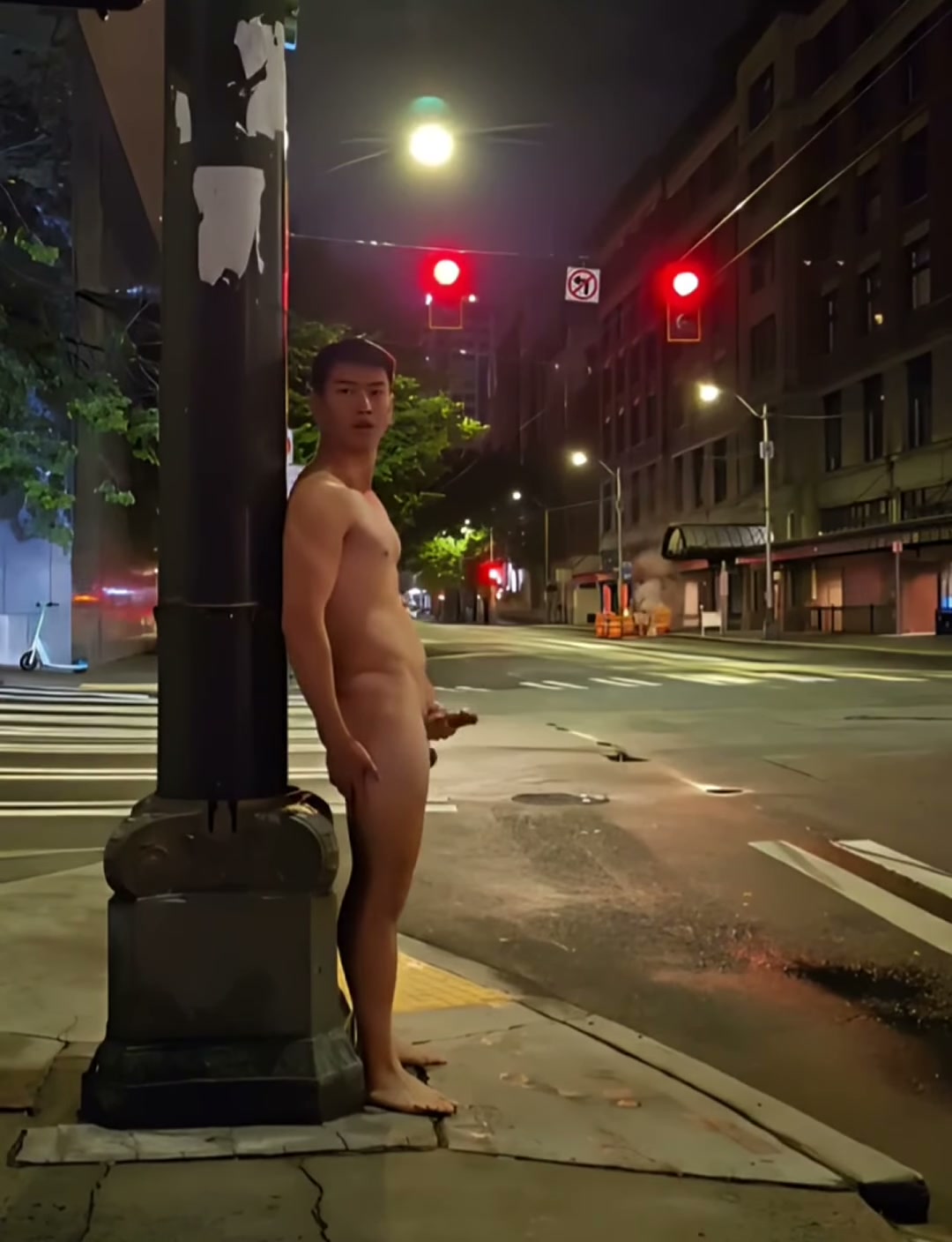 Cumming barefoot naked under a street light at a major intersection.