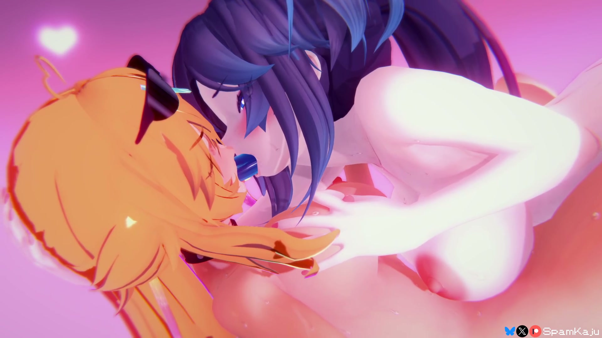 Cottontail and Arielle make out with a dildo down eachothers throats (SpamKaju)