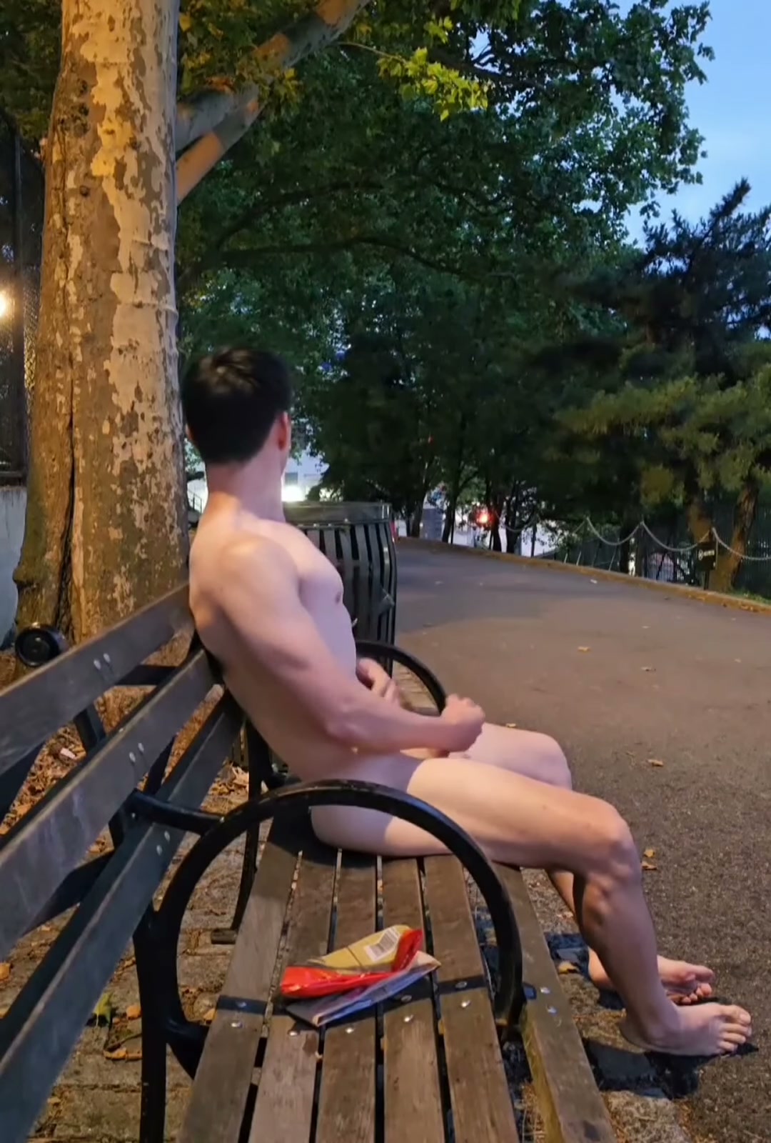 Cumming on a bench in a park next to a major avenue.