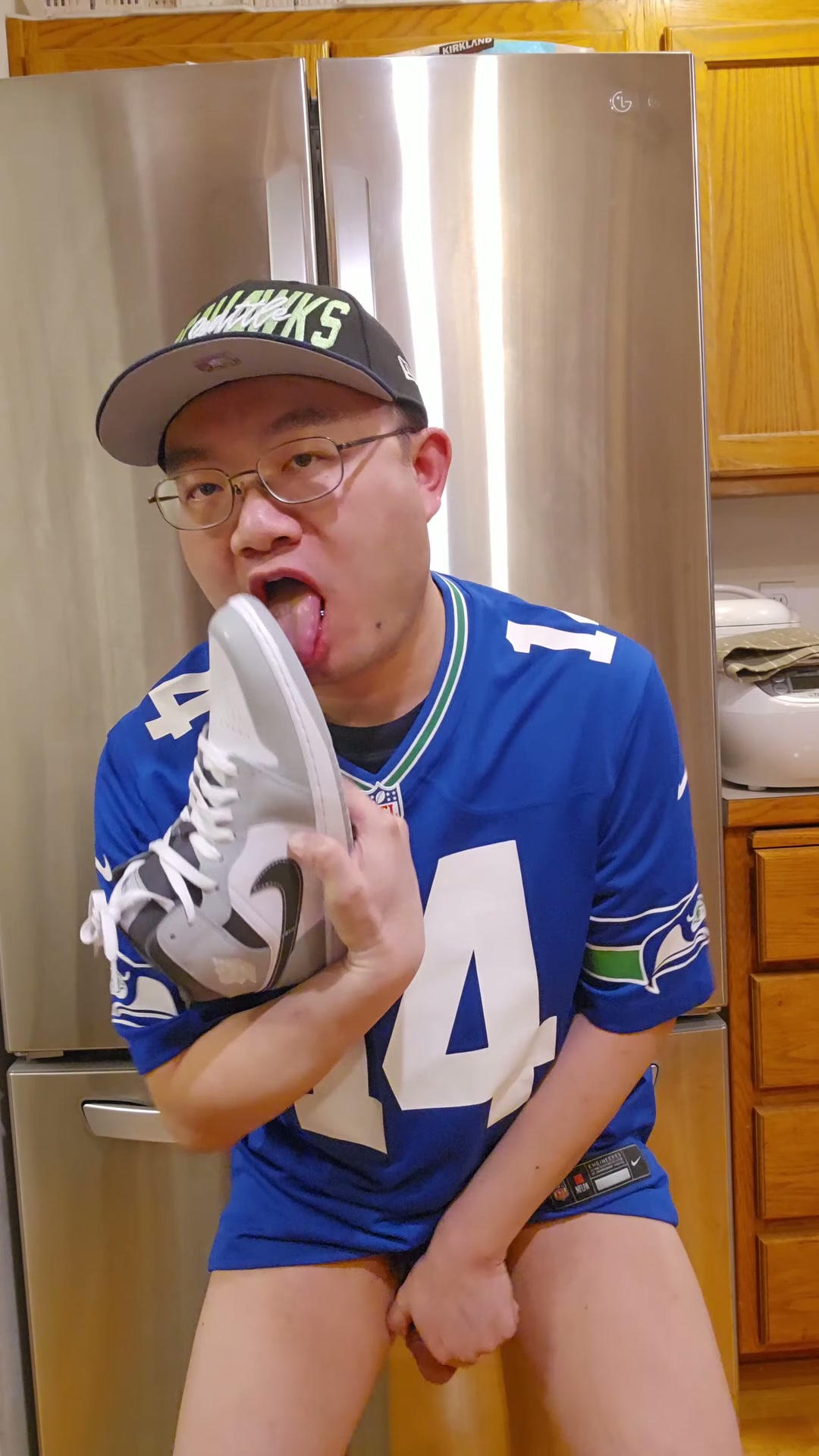 Just licking and playing with Jordans before cumming on them