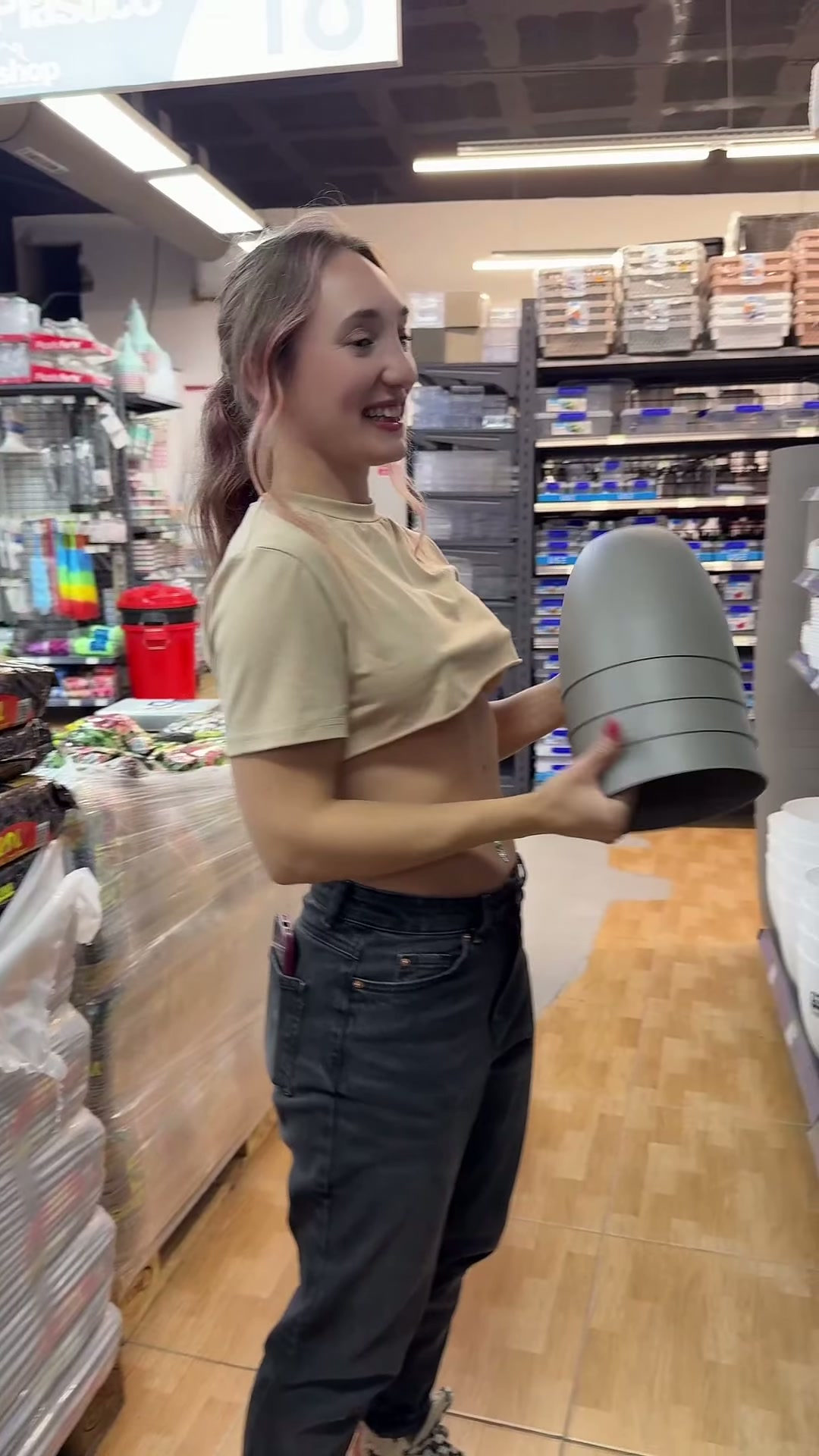 No bra, loose top — perfect combo