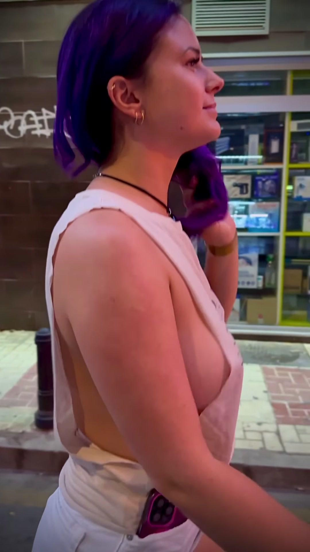 I love wearing a top that’s gives you a view… barely staying in my top as I walk braless!