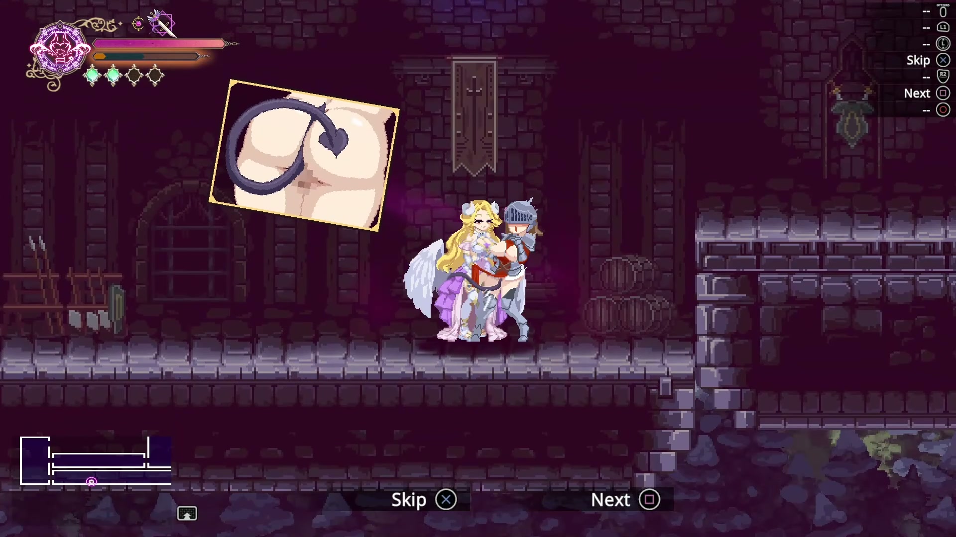 The succubus milking the knights in the dungeon with her feet and tail