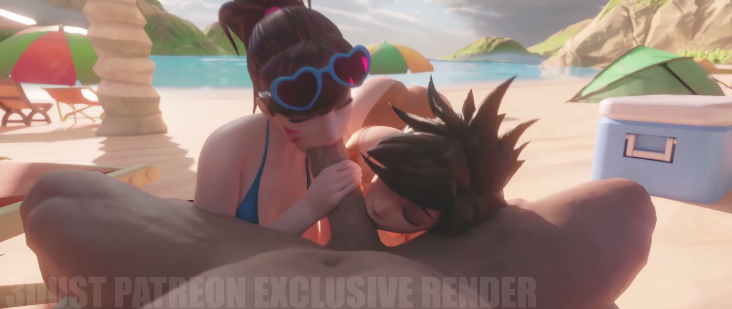 D.va and Tracer double blowjob